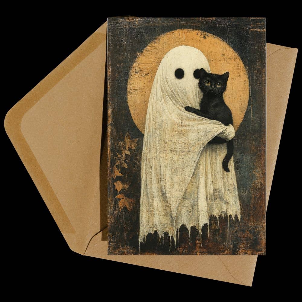 Ghost and Black Cat Halloween Card