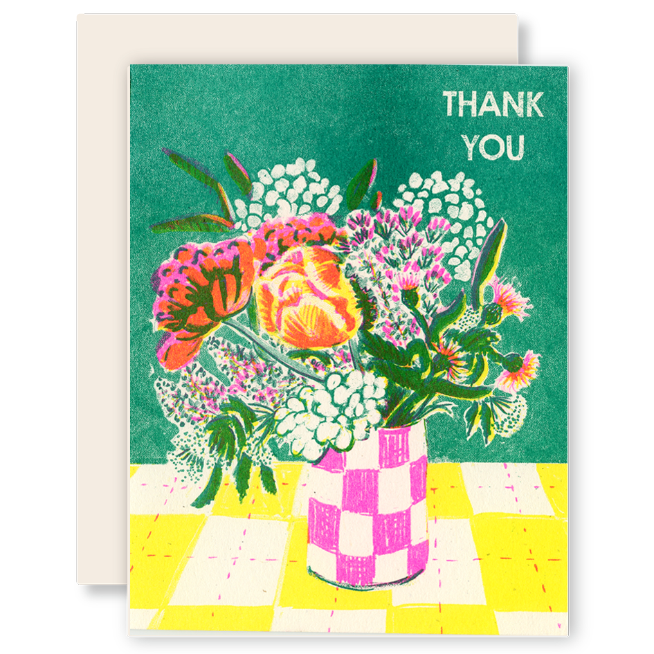Checker Vase of Flowers Thank You Card