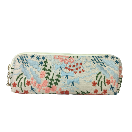 Cream Floral Embroidered Pen and Pencil Pouch