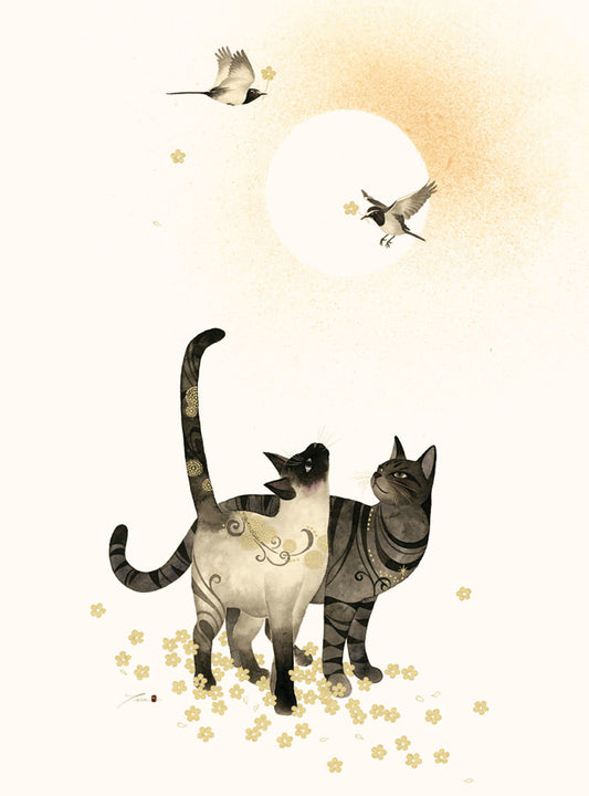 Two Cats and Birds Card