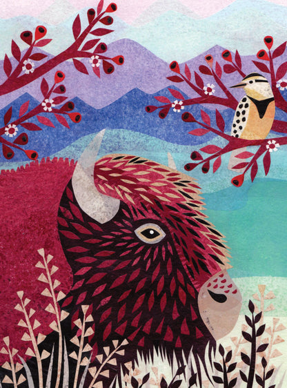 Bison and Crested Bird Card