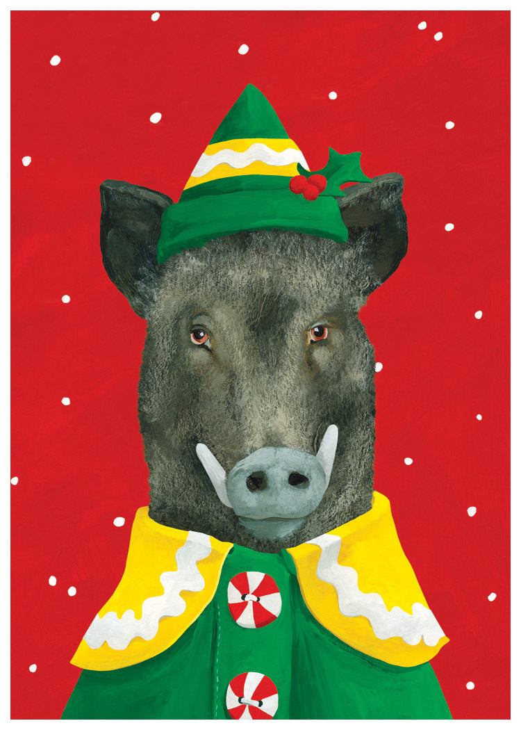 Boar Elf Holiday Card
