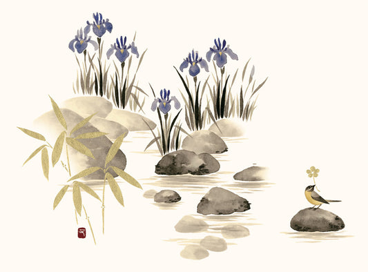 Pond with Irises and Bird Card